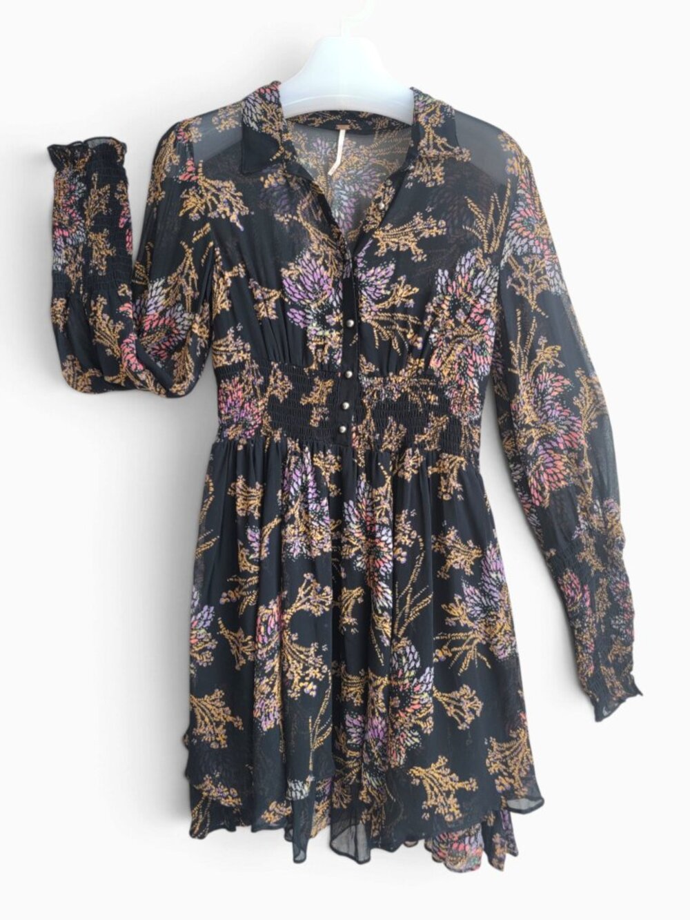 Free People XS Black Floral Sheer Smocked Mini Dress Boho Whimsigoth